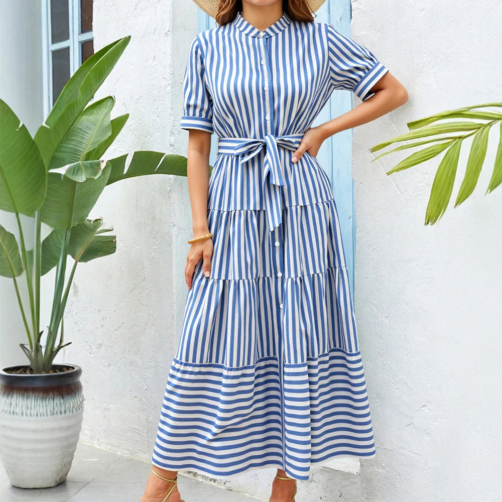Mia Muse French Striped A-Line Midi Dress - Short Sleeve & Comfortable