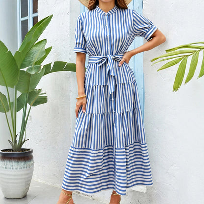 Mia Muse French Striped A-Line Midi Dress - Short Sleeve & Comfortable