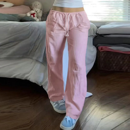 CIBBAR Low Rise Pink Drawstring Pants - Y2K See-Through Straight Trousers, Korean Style