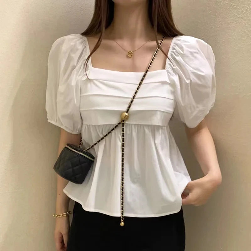 Women's Square Neck White Blouse - Elegant Puff Sleeve Casual Pleated Top
