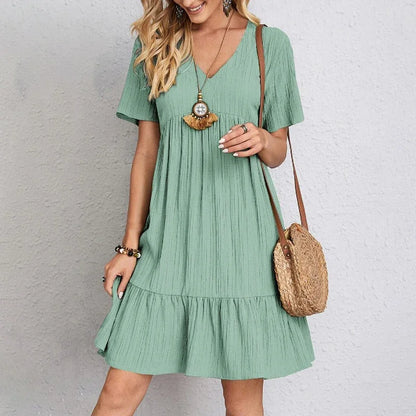 Elegant 2025 V-neck A-line Pleated Beach Dress - Solid Color
