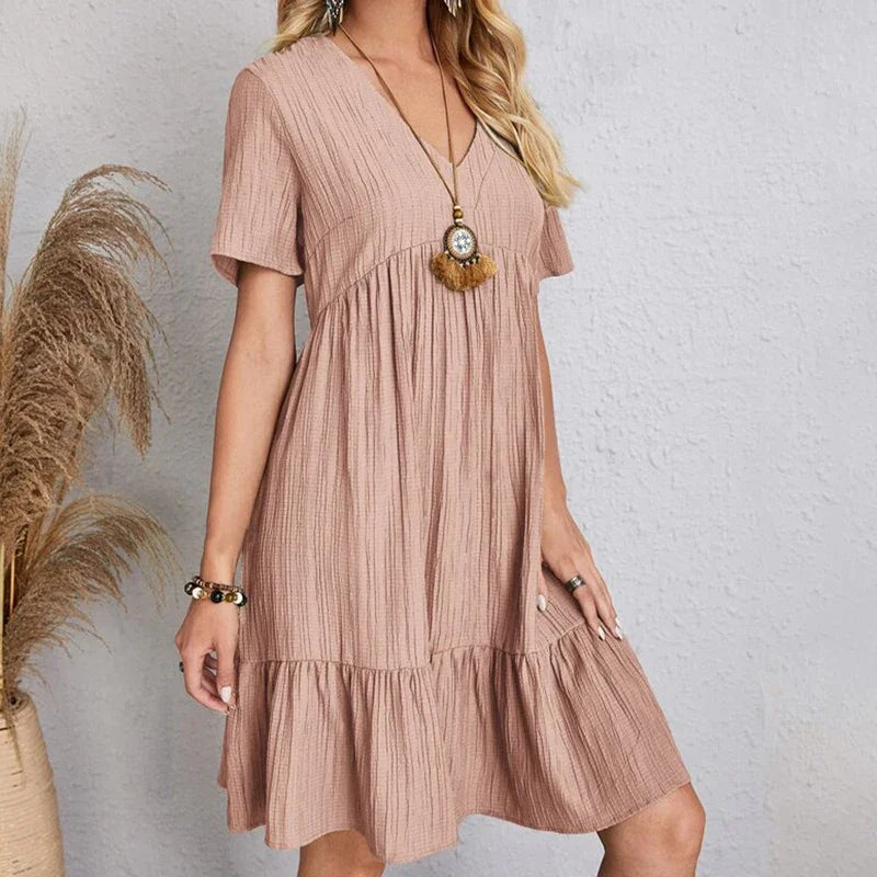 Elegant 2025 V-neck A-line Pleated Beach Dress - Solid Color