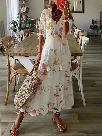 2024 Casual V-neck Drawstring Dress - Loose Sexy Print, Spring/Summer Fashion