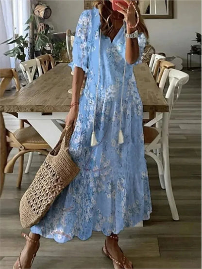 2024 Casual V-neck Drawstring Dress - Loose Sexy Print, Spring/Summer Fashion