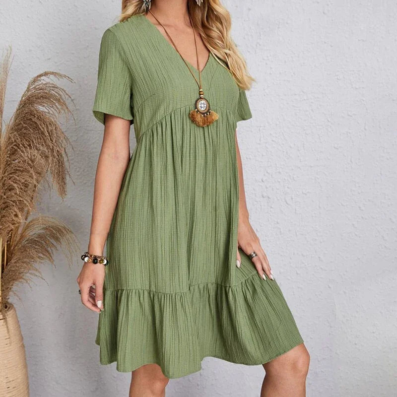 Elegant 2025 V-neck A-line Pleated Beach Dress - Solid Color