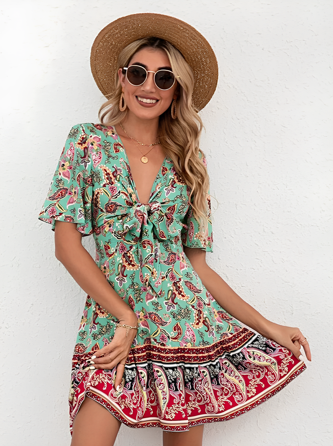 Boho Floral V-neck A-line Mini Dress with Flounce Sleeves and Lace-Up Waist