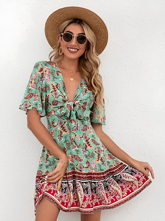 Boho Floral V-neck A-line Mini Dress with Flounce Sleeves and Lace-Up Waist