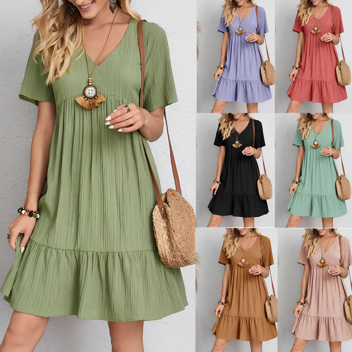Elegant 2025 V-neck A-line Pleated Beach Dress - Solid Color