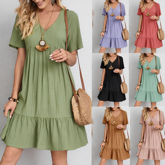 Elegant 2025 V-neck A-line Pleated Beach Dress - Solid Color