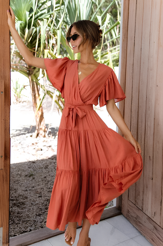 2024 Trendy Ruffle Long Dress: Sexy V-neck with Tie-Up, Elegant Summer Style for Women