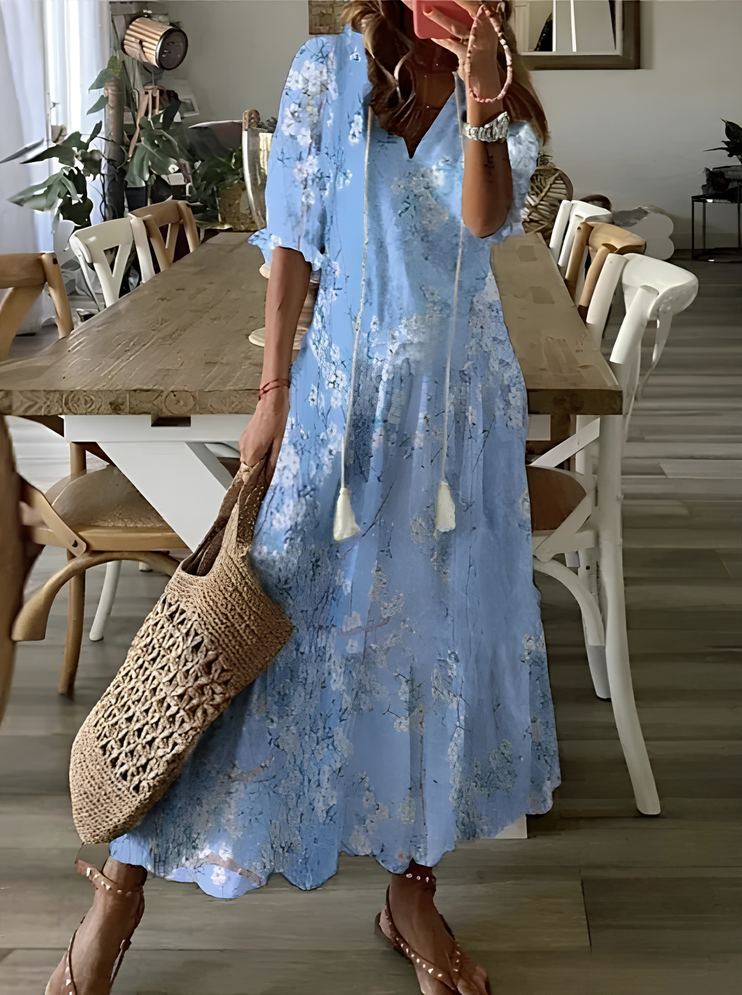 2024 Casual V-neck Drawstring Dress - Loose Sexy Print, Spring/Summer Fashion