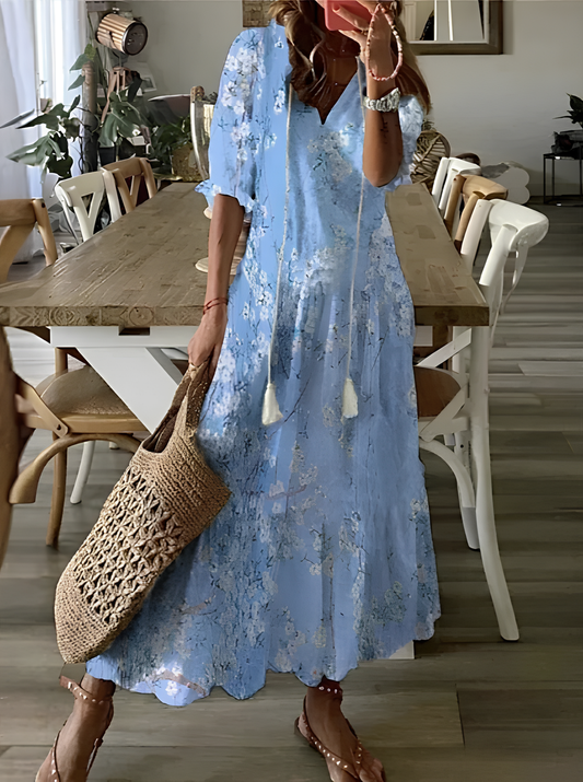 2024 Casual V-neck Drawstring Dress - Loose Sexy Print, Spring/Summer Fashion