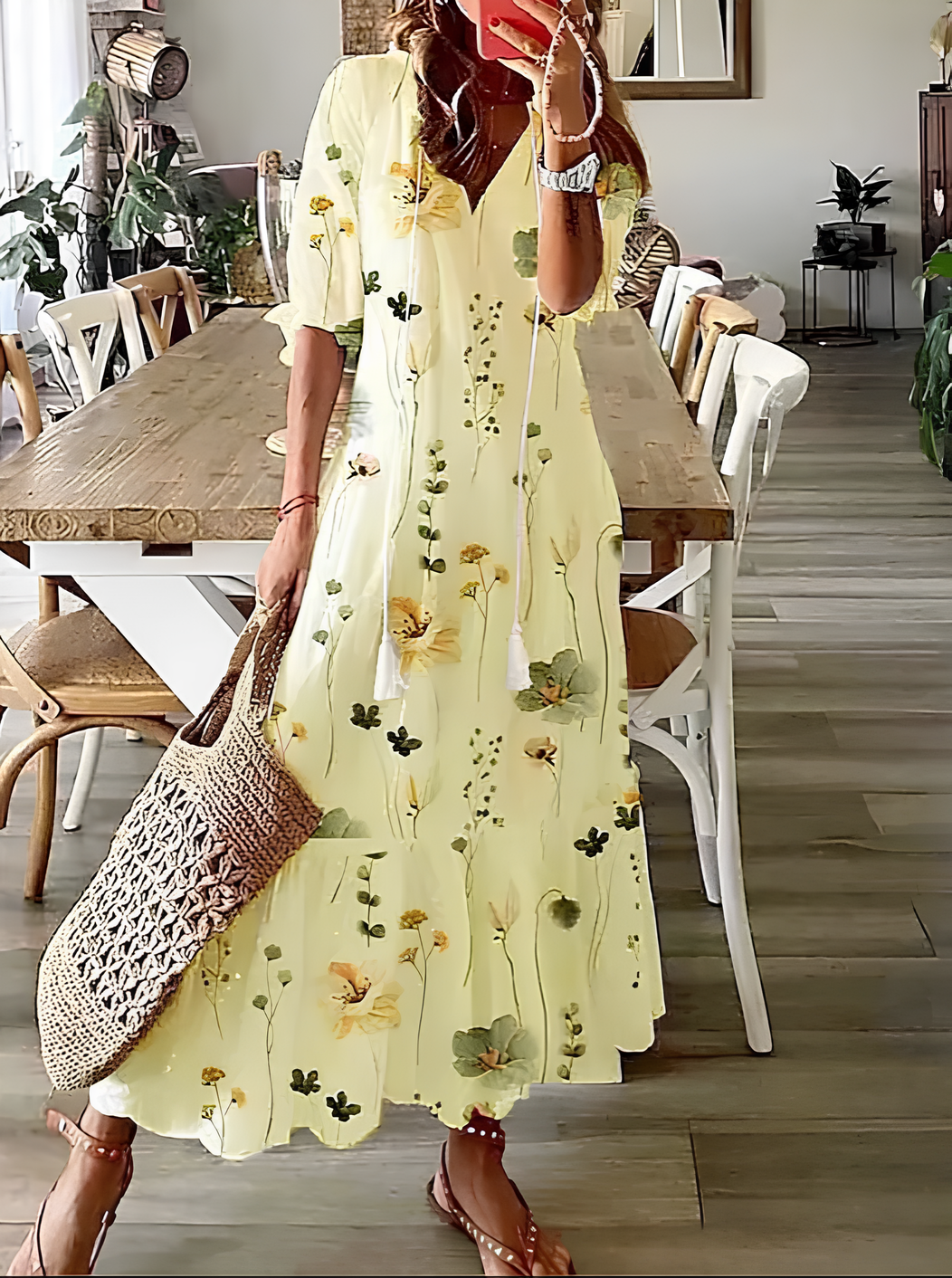 2024 Casual V-neck Drawstring Dress - Loose Sexy Print, Spring/Summer Fashion