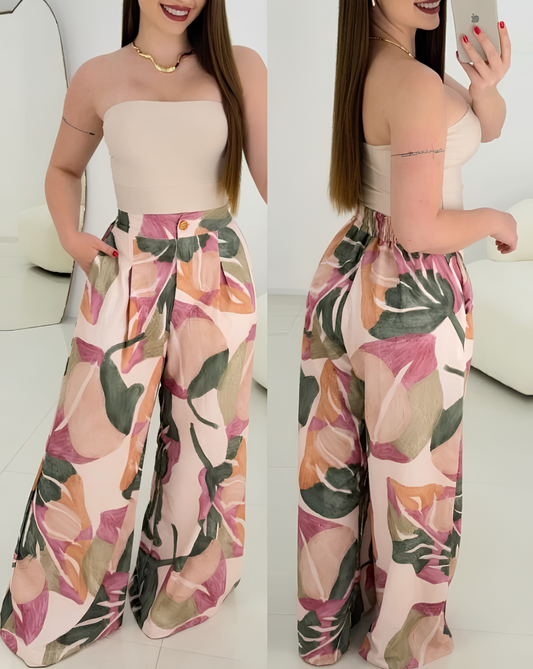 Women's Floral Print Casual Joggers - Loose Wide-Leg with Pockets, Stretchy Waist