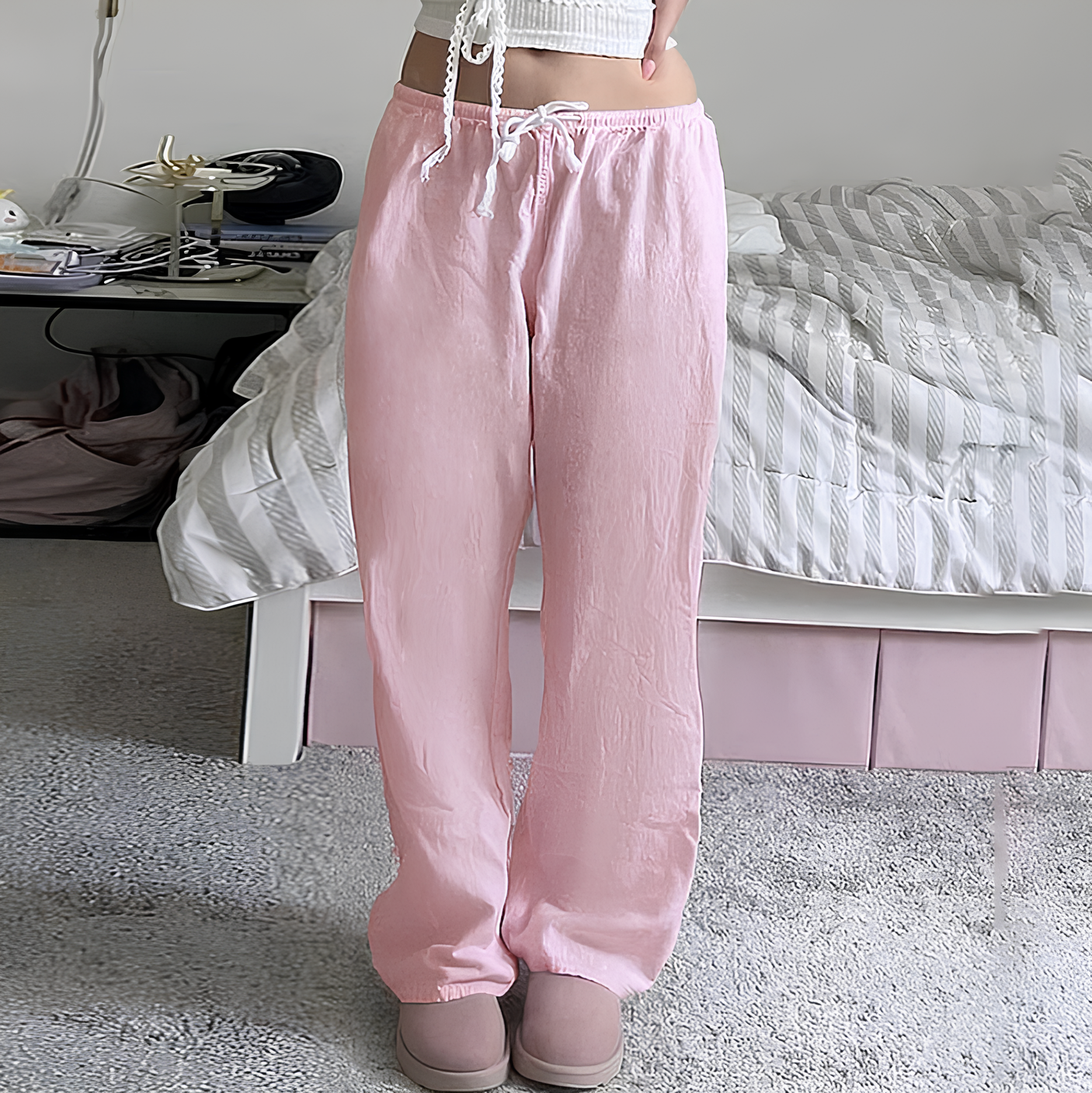 CIBBAR Low Rise Pink Drawstring Pants - Y2K See-Through Straight Trousers, Korean Style