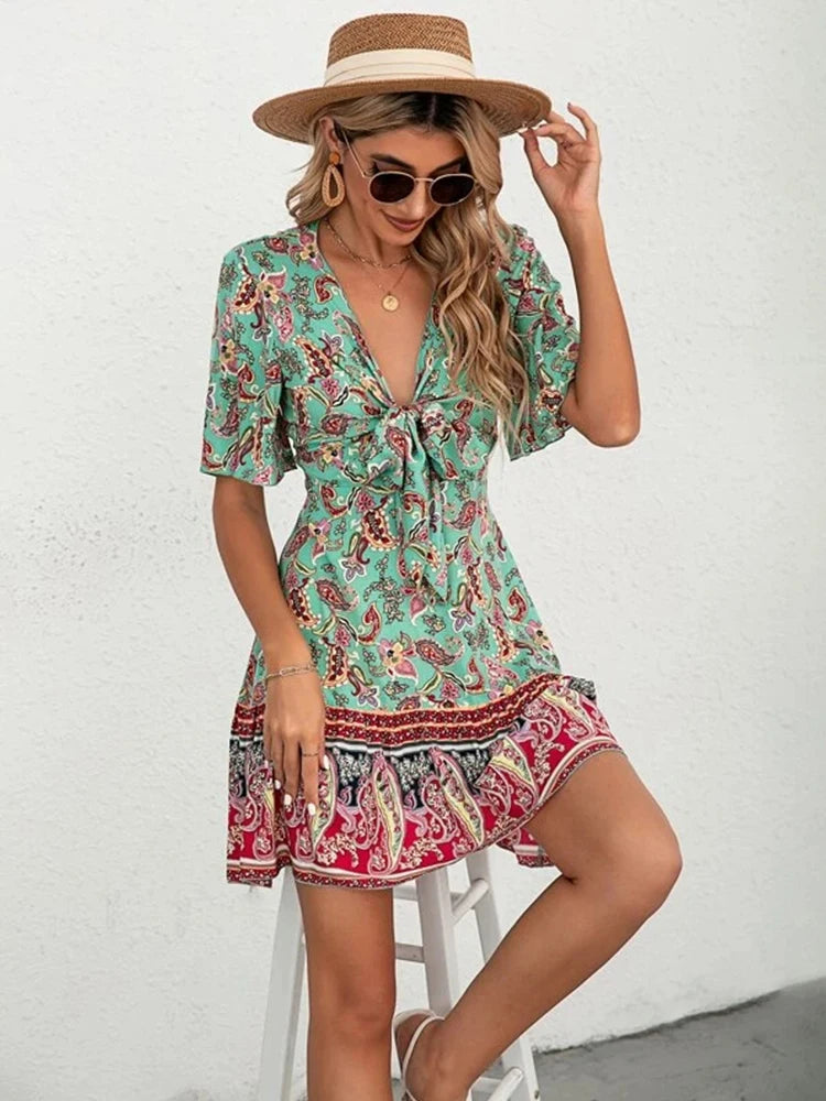 Boho Floral V-neck A-line Mini Dress with Flounce Sleeves and Lace-Up Waist