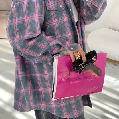 Women's Plaid Shirt Coats - Turn Down Collar, Loose Elegant Splice for Autumn