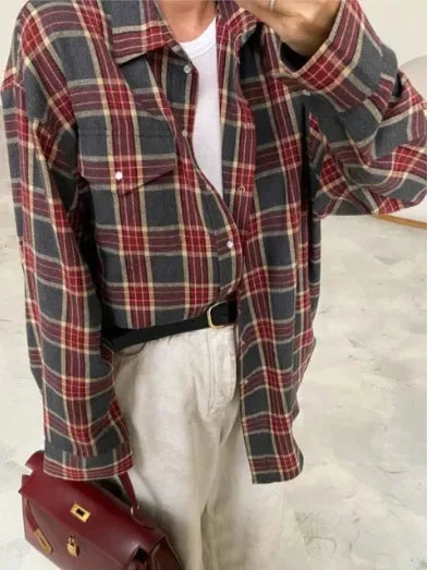 Women's Plaid Shirt Coats - Turn Down Collar, Loose Elegant Splice for Autumn