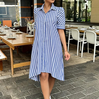 Women's Summer Dress: Short Sleeve Striped Shirt, Button Down, Lapel Top, Pocket, Party Evening Style