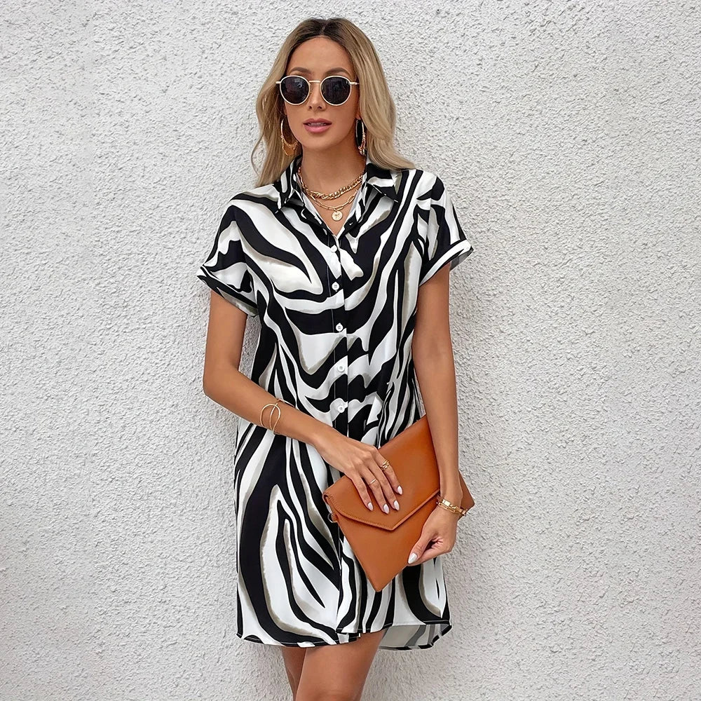 Women's Summer Dress: Short Sleeve Striped Shirt, Button Down, Lapel Top, Pocket, Party Evening Style