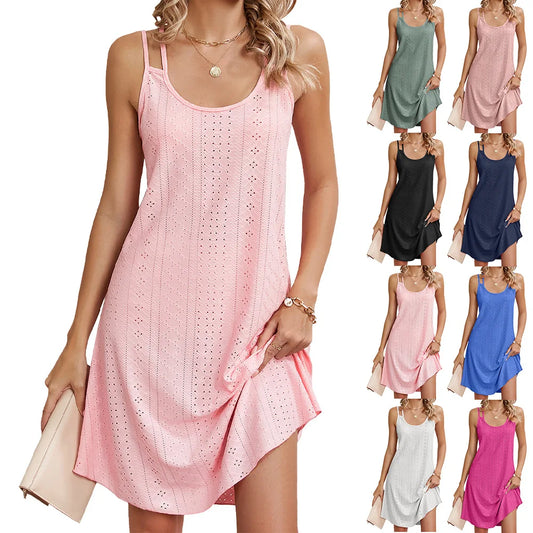 2025 Summer Beach Dress: Women's Backless Short Style, Solid Color, Round Neck, Sleeveless Elegance