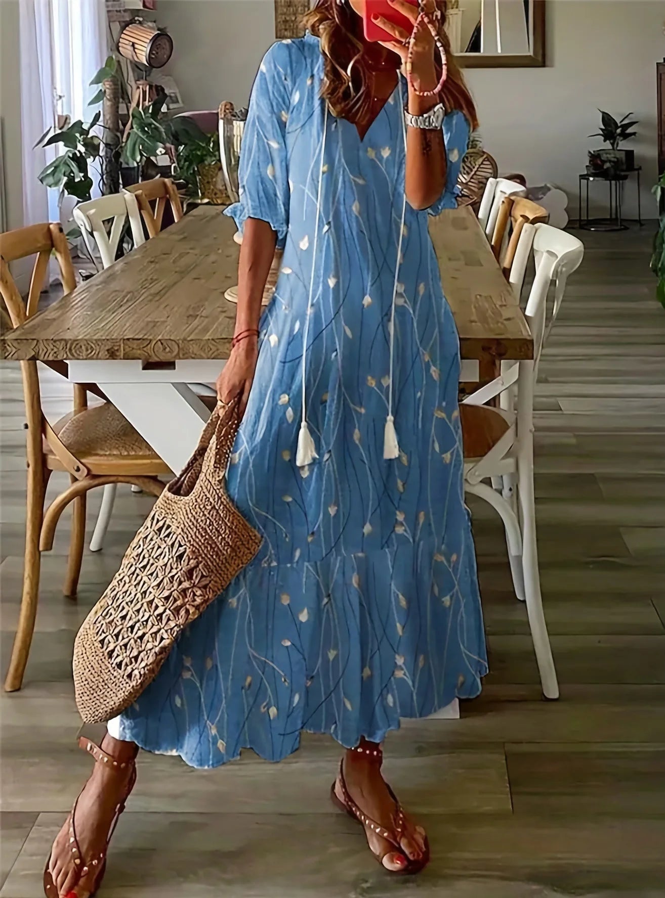 2024 Casual V-neck Drawstring Dress - Loose Sexy Print, Spring/Summer Fashion