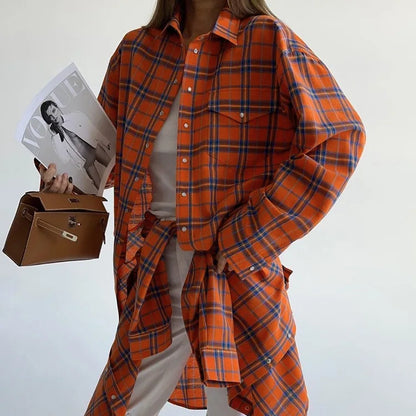 Women's Plaid Shirt Coats - Turn Down Collar, Loose Elegant Splice for Autumn
