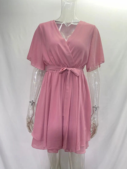 Summer Party Dress: Sexy V-neck, Cross Strap Mini with Ruffled Hem in White or Black Chiffon