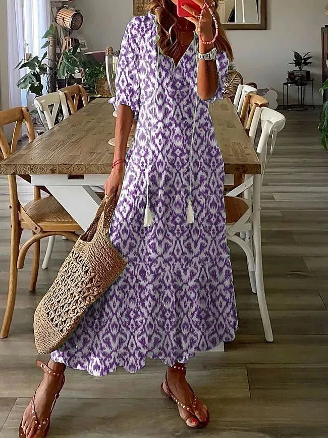 2024 Casual V-neck Drawstring Dress - Loose Sexy Print, Spring/Summer Fashion
