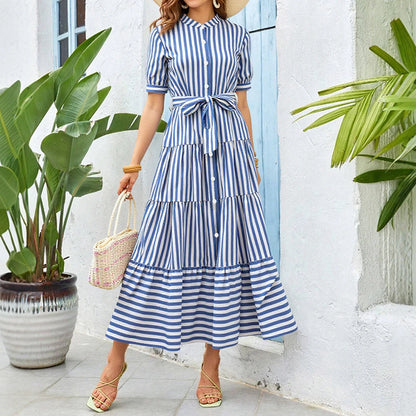 Mia Muse French Striped A-Line Midi Dress - Short Sleeve & Comfortable