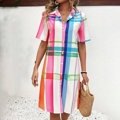 Women's Summer Dress: Short Sleeve Striped Shirt, Button Down, Lapel Top, Pocket, Party Evening Style