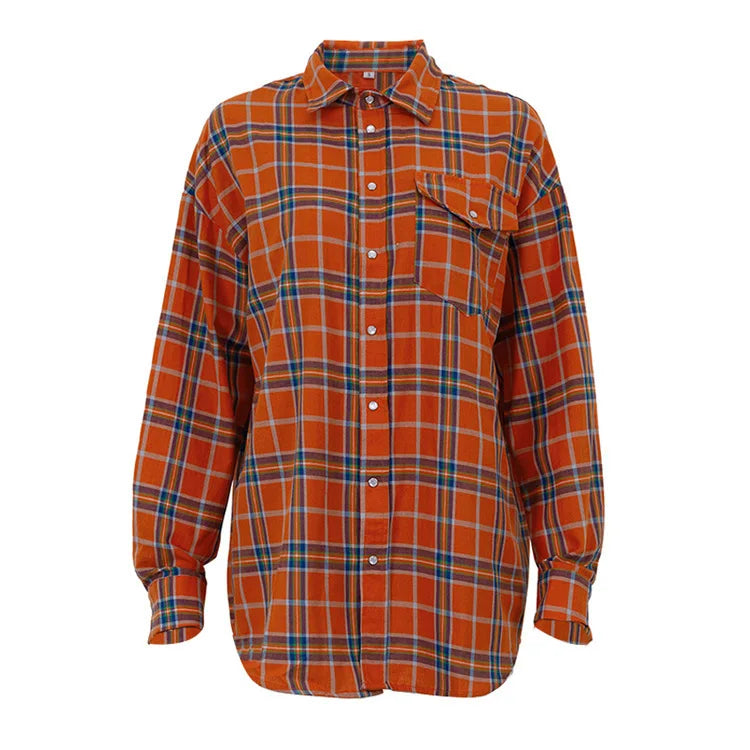 Women's Plaid Shirt Coats - Turn Down Collar, Loose Elegant Splice for Autumn