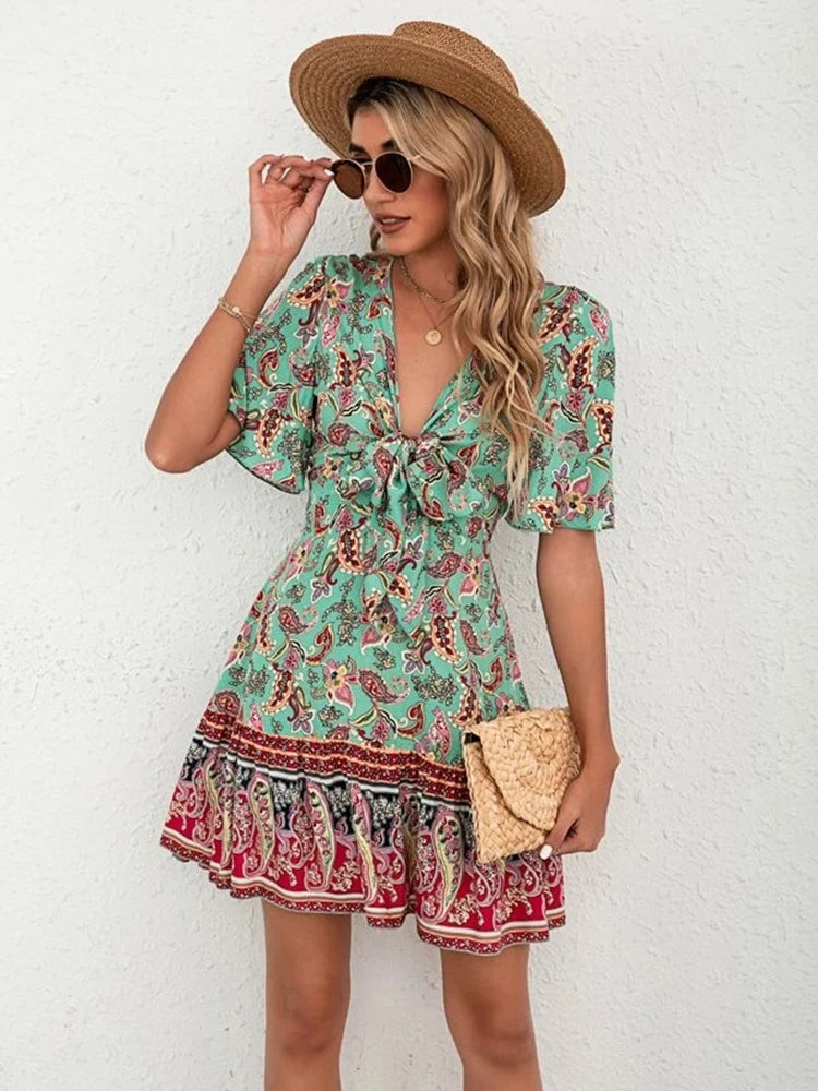 Boho Floral V-neck A-line Mini Dress with Flounce Sleeves and Lace-Up Waist