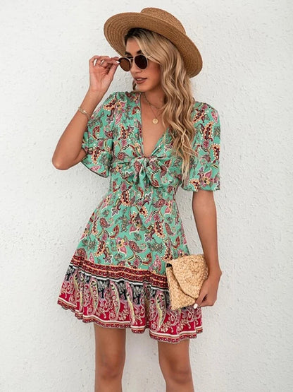 Boho Floral V-neck A-line Mini Dress with Flounce Sleeves and Lace-Up Waist
