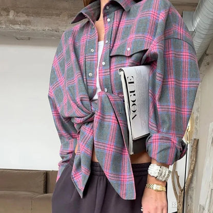 Women's Plaid Shirt Coats - Turn Down Collar, Loose Elegant Splice for Autumn
