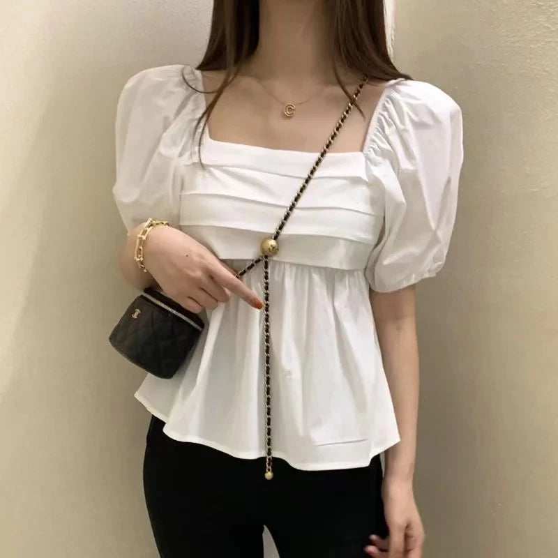 Women's Square Neck White Blouse - Elegant Puff Sleeve Casual Pleated Top